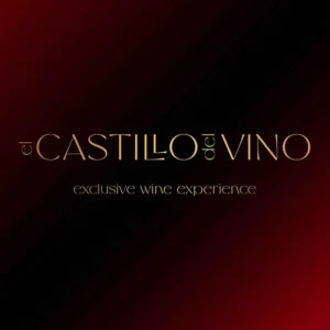 el Castillo del Vino feliratú bor logó. Burgundivörös alapon arany betűkkel.