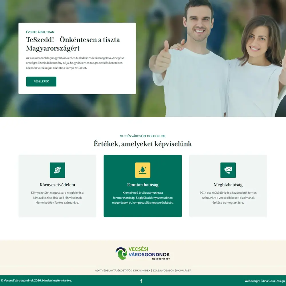 Részlet a Vecsési Városgondnok weboldalából, zöld, fehér és tojáshéj színekben.